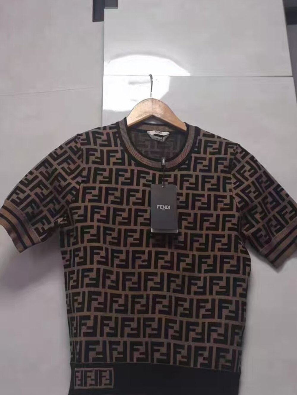 Fendi FF Motif Short-Sleeve Knit Top Brown